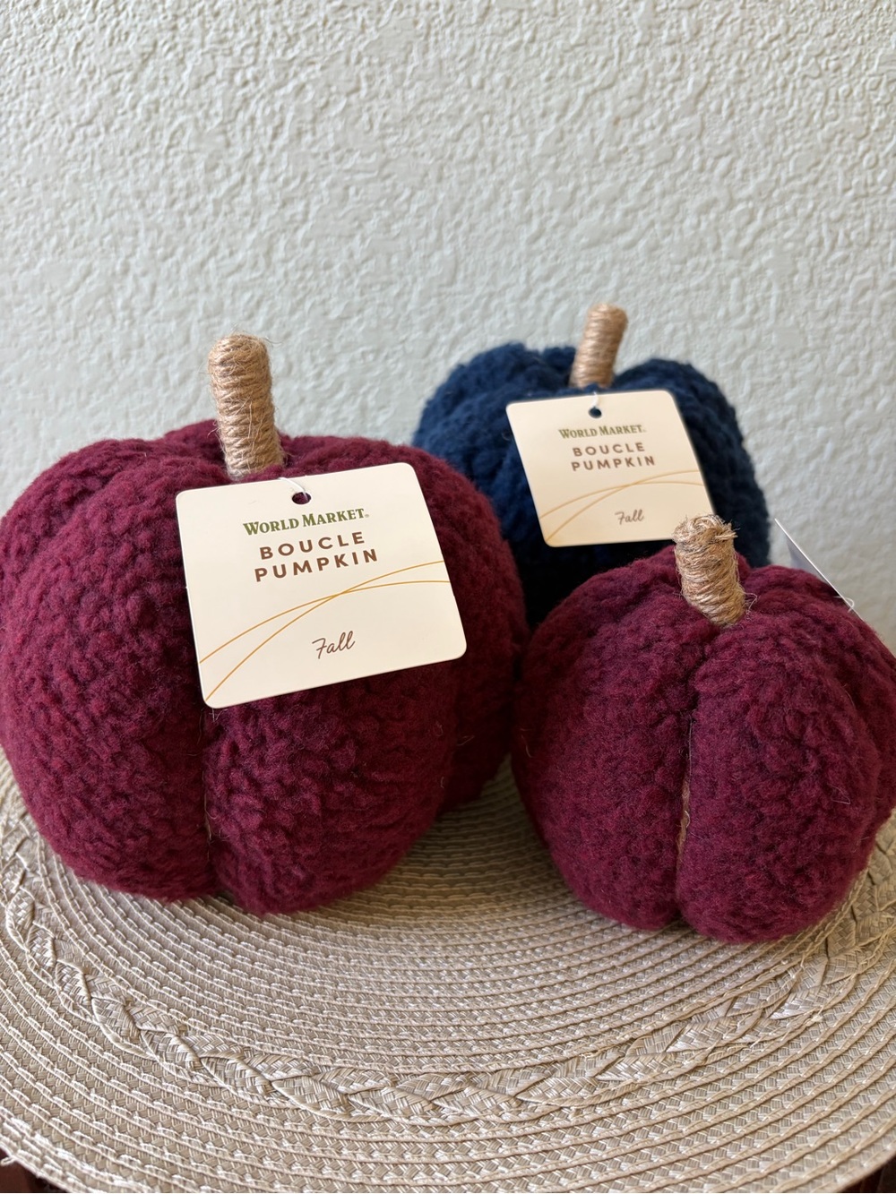 NWT Fall Decor Burgundy/Dark Blue Fabric Boucle Pumpkins Set of 3